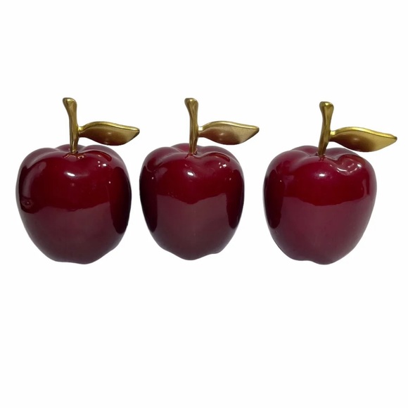 life size red glossy faux apples with brass stem and leaf lot of 3 - Picture 2 of 8